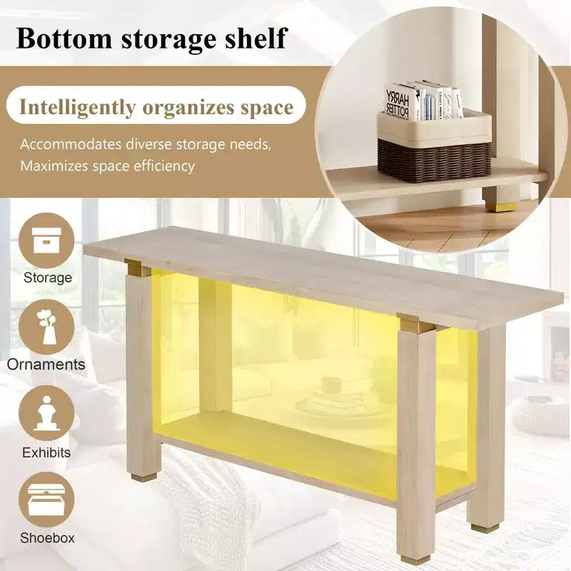Okak 63IN Modern Narrow Console Table, Entryway Table with Metal Accents and Open Shelf, Accent Table for Living Room, Hallway, Natural