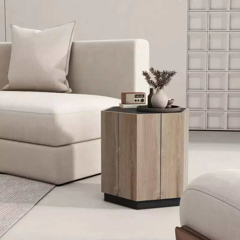 Table basse rétro en bois, table d'appoint hexagonale en chêne chaud noir texturé avec tiroir de rangement, table d'appoint ronde en bois pour salon, chambre