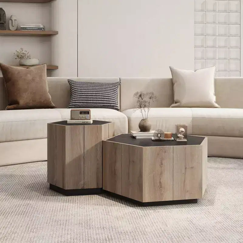 Table basse rétro en bois, table d'appoint hexagonale en chêne chaud noir texturé avec tiroir de rangement, table d'appoint ronde en bois pour salon, chambre