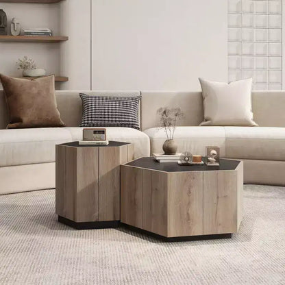 Table basse rétro en bois, table d'appoint hexagonale en chêne chaud noir texturé avec tiroir de rangement, table d'appoint ronde en bois pour salon, chambre