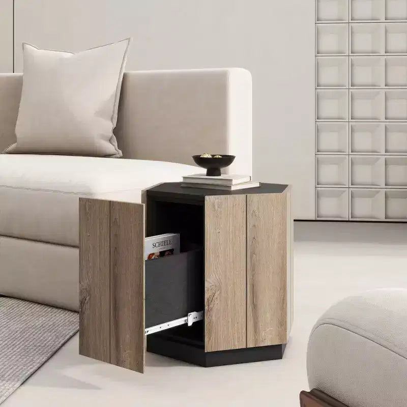 Table basse rétro en bois, table d'appoint hexagonale en chêne chaud noir texturé avec tiroir de rangement, table d'appoint ronde en bois pour salon, chambre