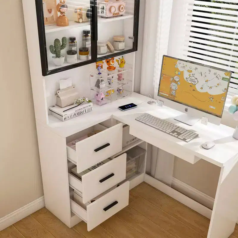Okak 43.31IN Bureau d'angle moderne en L avec armoires en verre, bureau d'angle avec étagères de rangement et tiroir à clavier, bureau d'ordinateur pour la maison, le bureau