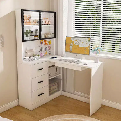 Okak 43.31IN Bureau d'angle moderne en L avec armoires en verre, bureau d'angle avec étagères de rangement et tiroir à clavier, bureau d'ordinateur pour la maison, le bureau