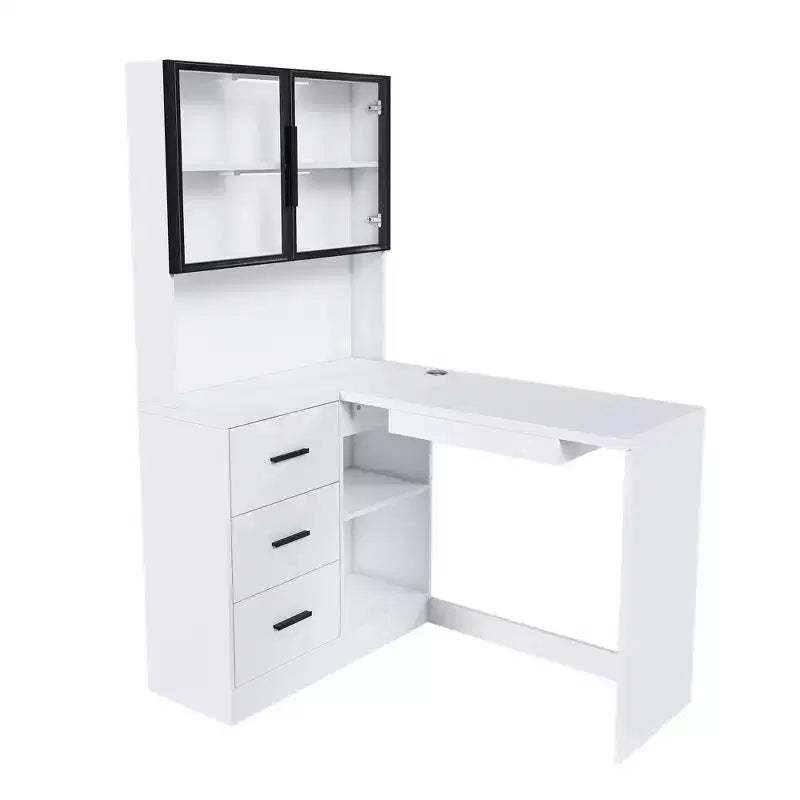 Okak 43.31IN Bureau d'angle moderne en L avec armoires en verre, bureau d'angle avec étagères de rangement et tiroir à clavier, bureau d'ordinateur pour la maison, le bureau