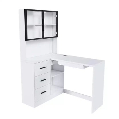 Okak 43.31IN Bureau d'angle moderne en L avec armoires en verre, bureau d'angle avec étagères de rangement et tiroir à clavier, bureau d'ordinateur pour la maison, le bureau