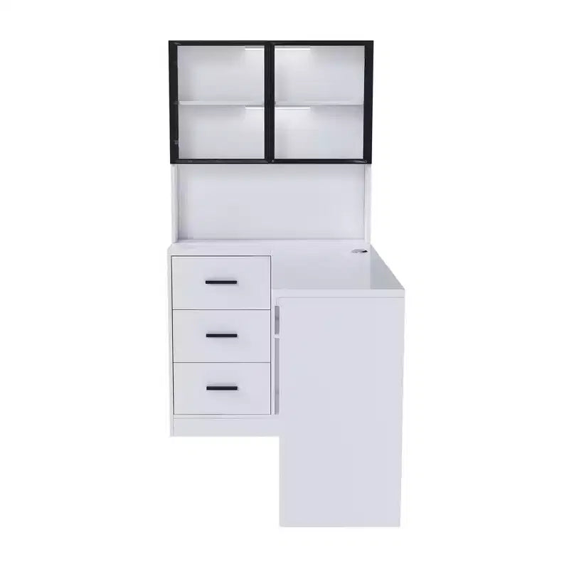 Okak 43.31IN Bureau d'angle moderne en L avec armoires en verre, bureau d'angle avec étagères de rangement et tiroir à clavier, bureau d'ordinateur pour la maison, le bureau