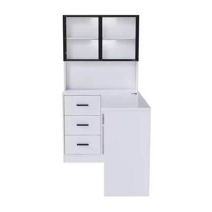Okak 43.31IN Bureau d'angle moderne en L avec armoires en verre, bureau d'angle avec étagères de rangement et tiroir à clavier, bureau d'ordinateur pour la maison, le bureau