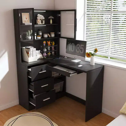 Okak 43.31IN Bureau d'angle moderne en L avec armoires en verre, bureau d'angle avec étagères de rangement et tiroir à clavier, bureau d'ordinateur pour la maison, le bureau