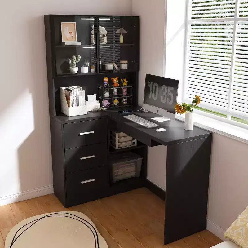 Okak 43.31IN Bureau d'angle moderne en L avec armoires en verre, bureau d'angle avec étagères de rangement et tiroir à clavier, bureau d'ordinateur pour la maison, le bureau