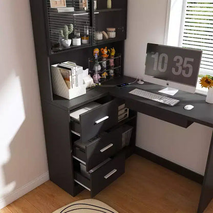 Okak 43.31IN Bureau d'angle moderne en L avec armoires en verre, bureau d'angle avec étagères de rangement et tiroir à clavier, bureau d'ordinateur pour la maison, le bureau