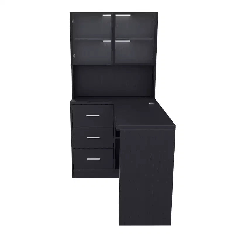 Okak 43.31IN Bureau d'angle moderne en L avec armoires en verre, bureau d'angle avec étagères de rangement et tiroir à clavier, bureau d'ordinateur pour la maison, le bureau