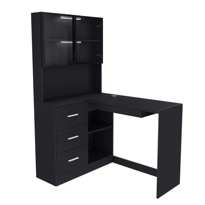 Okak 43.31IN Bureau d'angle moderne en L avec armoires en verre, bureau d'angle avec étagères de rangement et tiroir à clavier, bureau d'ordinateur pour la maison, le bureau