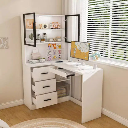Okak 43.31IN Bureau d'angle moderne en L avec armoires en verre, bureau d'angle avec étagères de rangement et tiroir à clavier, bureau d'ordinateur pour la maison, le bureau