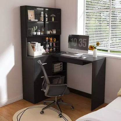 Okak 43.31IN Bureau d'angle moderne en L avec armoires en verre, bureau d'angle avec étagères de rangement et tiroir à clavier, bureau d'ordinateur pour la maison, le bureau