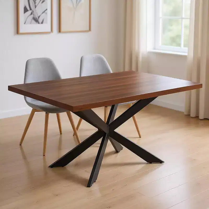 Table à manger HomeRoots 81 avec piètement croisé en bois brun et noir et métal
