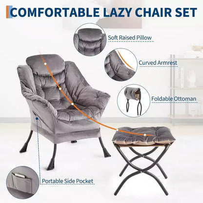 COZONY lazy chair with ottoman and pillow, comfy lounge chair with side pocket for living room bedroom office