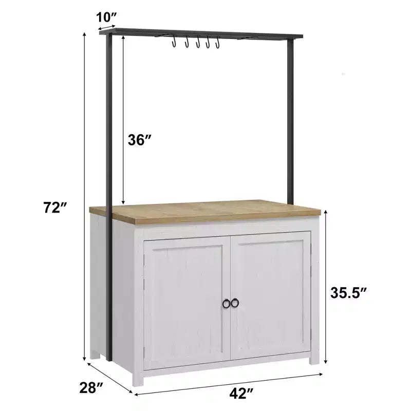 PB Series Panel Island Cabinet: 41 Inches, Vintage White Body with Natural Wood Top, Ideal for Kitchen Storage & Dining Area Use