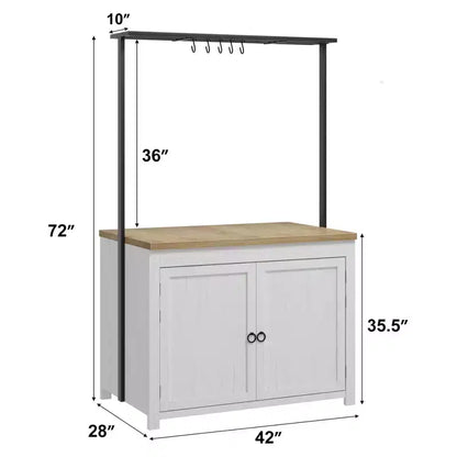 PB Series Panel Island Cabinet: 41 Inches, Vintage White Body with Natural Wood Top, Ideal for Kitchen Storage & Dining Area Use