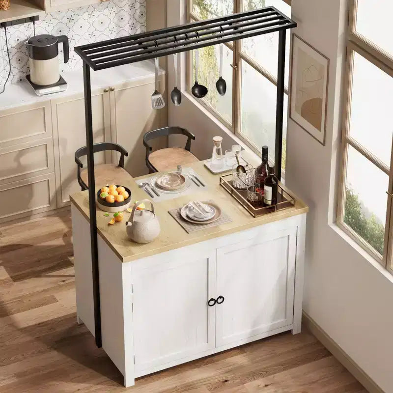 PB Series Panel Island Cabinet: 41 Inches, Vintage White Body with Natural Wood Top, Ideal for Kitchen Storage & Dining Area Use