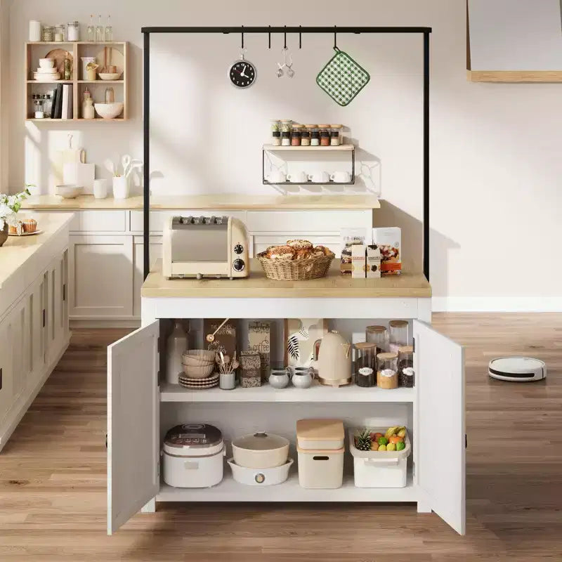 PB Series Panel Island Cabinet: 41 Inches, Vintage White Body with Natural Wood Top, Ideal for Kitchen Storage & Dining Area Use