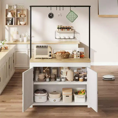 PB Series Panel Island Cabinet: 41 Inches, Vintage White Body with Natural Wood Top, Ideal for Kitchen Storage & Dining Area Use