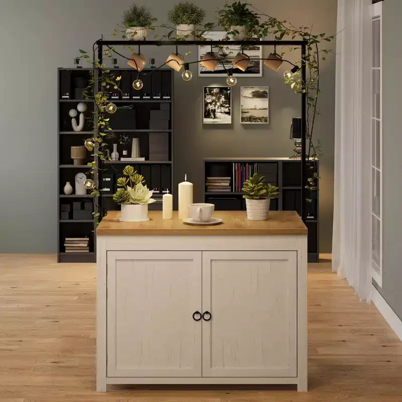 PB Series Panel Island Cabinet: 41 Inches, Vintage White Body with Natural Wood Top, Ideal for Kitchen Storage & Dining Area Use