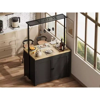 PB Series Panel Island Cabinet: 41 Inches, Vintage White Body with Natural Wood Top, Ideal for Kitchen Storage & Dining Area Use