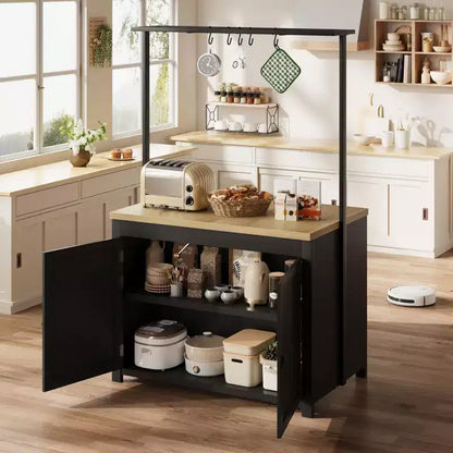 PB Series Panel Island Cabinet: 41 Inches, Vintage White Body with Natural Wood Top, Ideal for Kitchen Storage & Dining Area Use