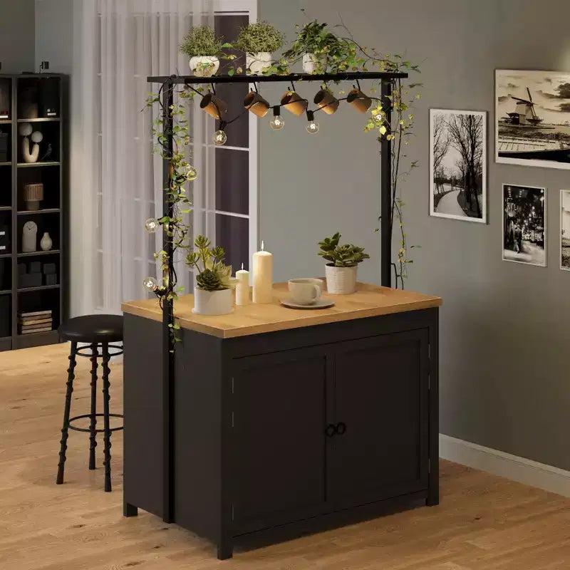 PB Series Panel Island Cabinet: 41 Inches, Vintage White Body with Natural Wood Top, Ideal for Kitchen Storage & Dining Area Use