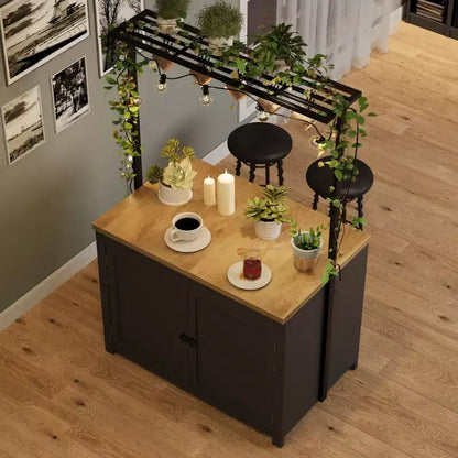 PB Series Panel Island Cabinet: 41 Inches, Vintage White Body with Natural Wood Top, Ideal for Kitchen Storage & Dining Area Use