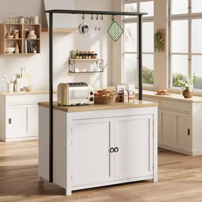 PB Series Panel Island Cabinet: 41 Inches, Vintage White Body with Natural Wood Top, Ideal for Kitchen Storage & Dining Area Use