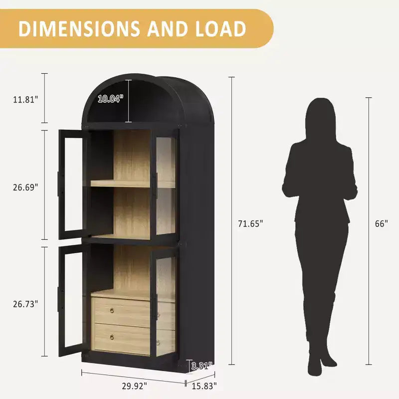 High arched bookcase, 71.7 inches, with 2 inner drawers, freestanding storage cabinet with anti-tip device, suitable for living room, bedroom