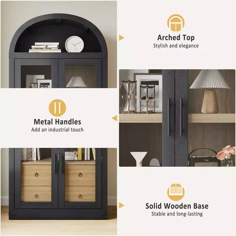 High arched bookcase, 71.7 inches, with 2 inner drawers, freestanding storage cabinet with anti-tip device, suitable for living room, bedroom
