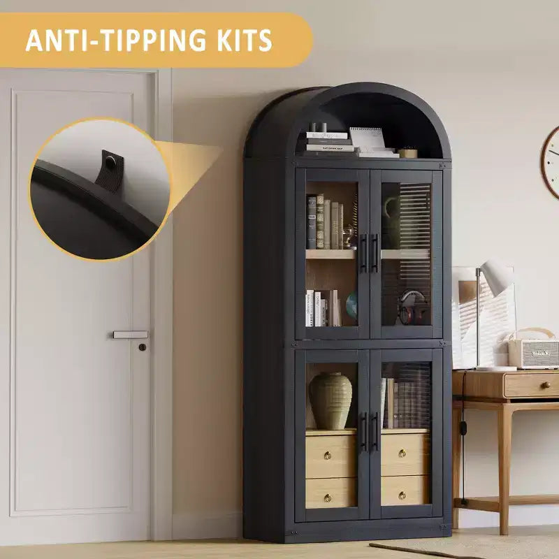 High arched bookcase, 71.7 inches, with 2 inner drawers, freestanding storage cabinet with anti-tip device, suitable for living room, bedroom
