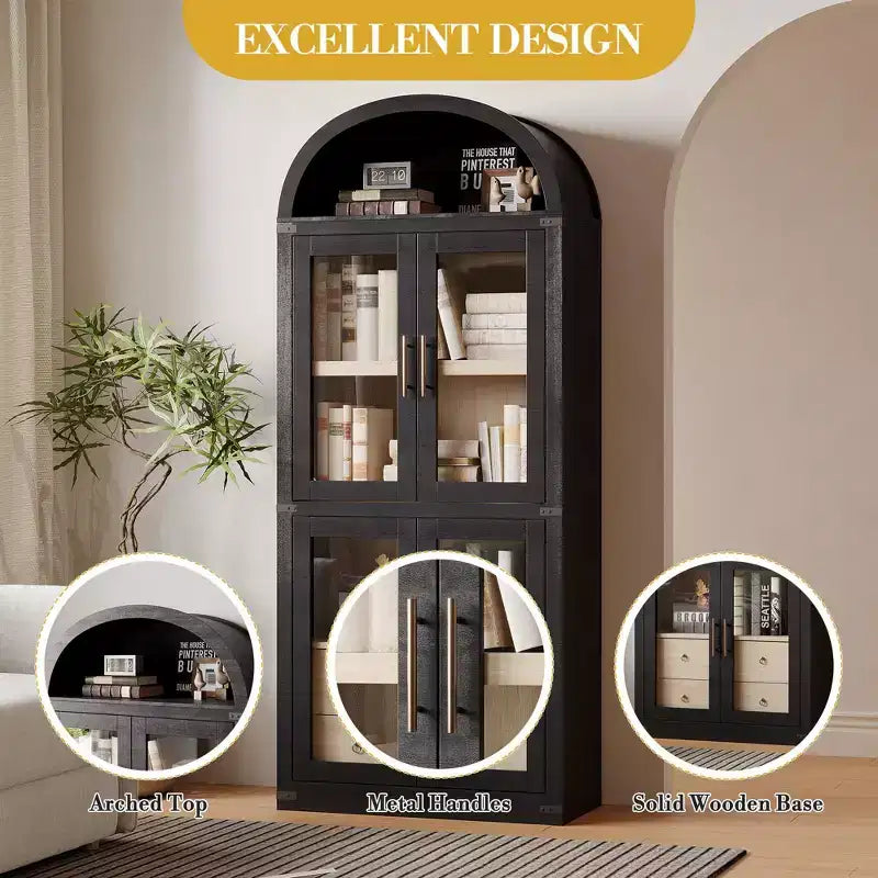 High arched bookcase, 71.7 inches, with 2 inner drawers, freestanding storage cabinet with anti-tip device, suitable for living room, bedroom
