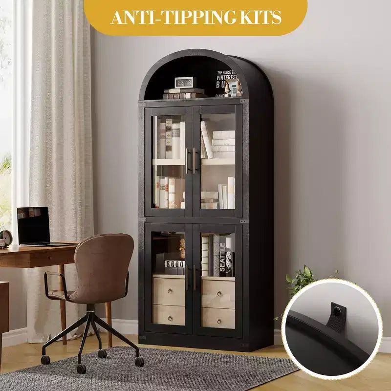 High arched bookcase, 71.7 inches, with 2 inner drawers, freestanding storage cabinet with anti-tip device, suitable for living room, bedroom