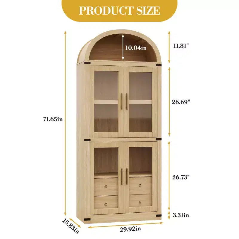 High arched bookcase, 71.7 inches, with 2 inner drawers, freestanding storage cabinet with anti-tip device, suitable for living room, bedroom