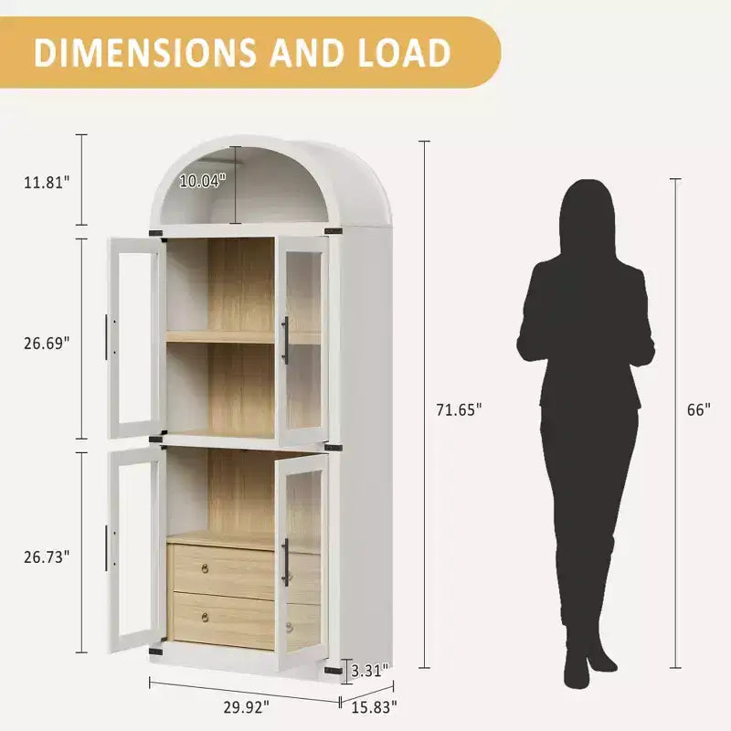 High arched bookcase, 71.7 inches, with 2 inner drawers, freestanding storage cabinet with anti-tip device, suitable for living room, bedroom