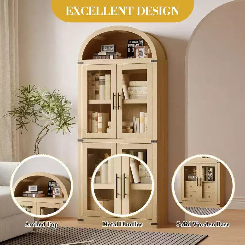 High arched bookcase, 71.7 inches, with 2 inner drawers, freestanding storage cabinet with anti-tip device, suitable for living room, bedroom