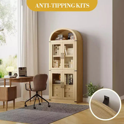 High arched bookcase, 71.7 inches, with 2 inner drawers, freestanding storage cabinet with anti-tip device, suitable for living room, bedroom