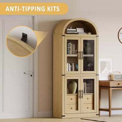High arched bookcase, 71.7 inches, with 2 inner drawers, freestanding storage cabinet with anti-tip device, suitable for living room, bedroom
