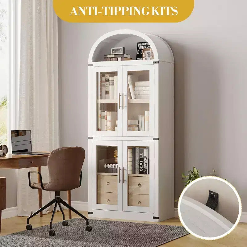 High arched bookcase, 71.7 inches, with 2 inner drawers, freestanding storage cabinet with anti-tip device, suitable for living room, bedroom