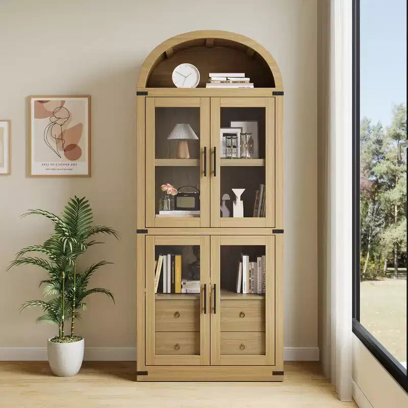 High arched bookcase, 71.7 inches, with 2 inner drawers, freestanding storage cabinet with anti-tip device, suitable for living room, bedroom