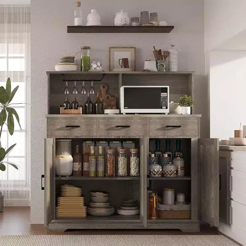 Meuble de rangement pour four à micro-ondes, buffet de ferme avec portes coulissantes, tiroirs et étagères, meuble de bar à café en bois pour cuisine