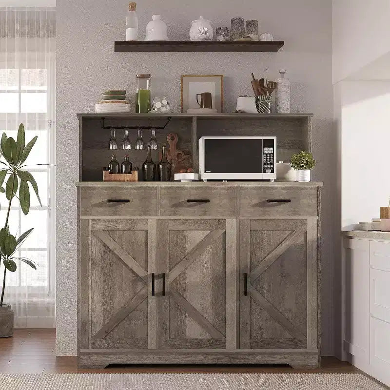 Meuble de rangement pour four à micro-ondes, buffet de ferme avec portes coulissantes, tiroirs et étagères, meuble de bar à café en bois pour cuisine