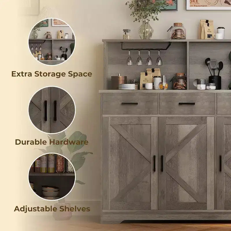 Meuble de rangement pour four à micro-ondes, buffet de ferme avec portes coulissantes, tiroirs et étagères, meuble de bar à café en bois pour cuisine