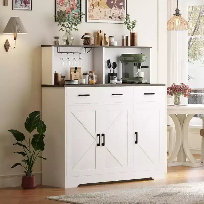 Meuble de rangement pour four à micro-ondes, buffet de ferme avec portes coulissantes, tiroirs et étagères, meuble de bar à café en bois pour cuisine
