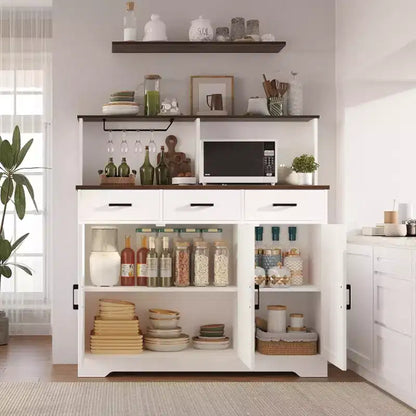 Meuble de rangement pour four à micro-ondes, buffet de ferme avec portes coulissantes, tiroirs et étagères, meuble de bar à café en bois pour cuisine