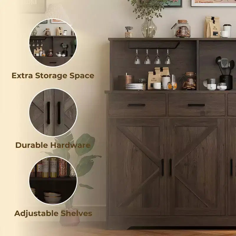 Meuble de rangement pour four à micro-ondes, buffet de ferme avec portes coulissantes, tiroirs et étagères, meuble de bar à café en bois pour cuisine