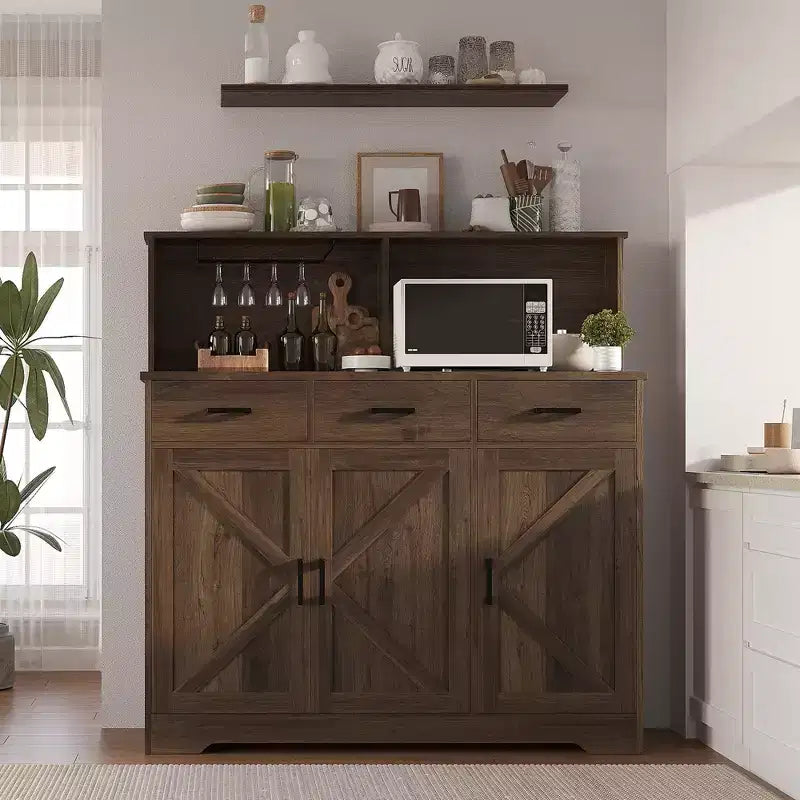 Meuble de rangement pour four à micro-ondes, buffet de ferme avec portes coulissantes, tiroirs et étagères, meuble de bar à café en bois pour cuisine